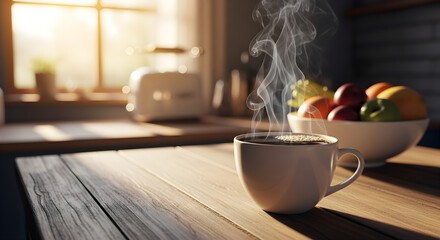 Steaming Coffee Cup on Wooden Kitchen Table in Morning Sunlight | Warm Beverage Scene with Fruit Bowl, Toaster, and Sunny Window for Food and Lifestyle Blog, Product Mockup, and Cozy Home Decor