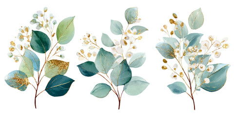  eucalyptus branches with muted green blue and cream tones delicate botanical art