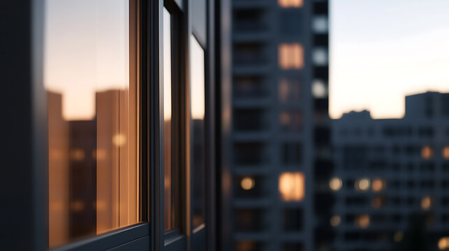 Warm sunlight reflecting off of windows, casting a gentle glow on the building facade. The light creates a serene atmosphere that invites tranquility and introspection.
