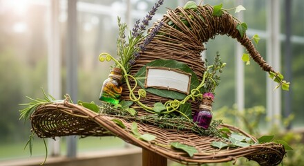 A whimsical wicker witch hat adorned with herbs and potion bottles for Halloween decor