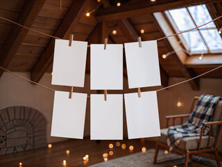 Cozy Christmas Mockup with Blank Cards Hanging on Rope in Wooden Attic