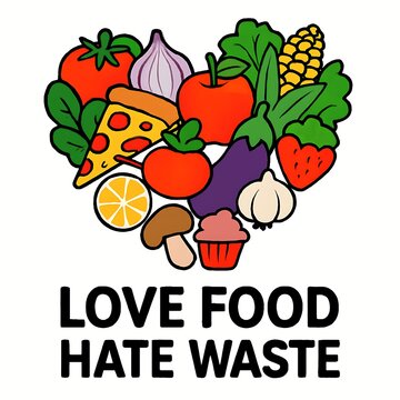 Heart shaped food illustration with love food hate waste text on white background