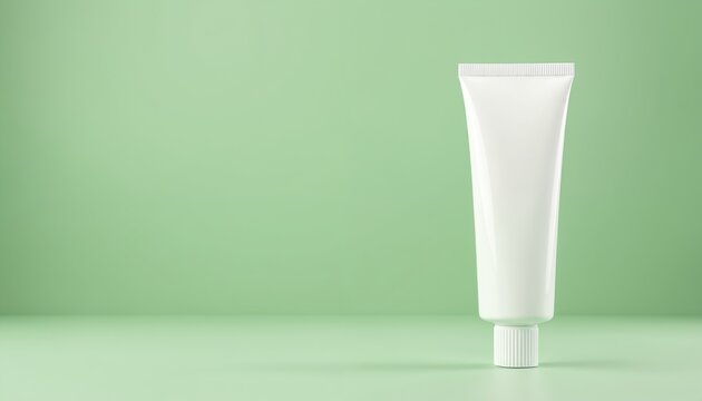 White tube of toothpaste stands on light green backdrop. The product for oral care has copy space for brand design and promotion. It stands for dental hygiene and healthcare.