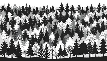A high contrast black and white illustration showcasing a diverse collection of stylized tree silhouettes arranged in a layered, panoramic forest scene, Incorporate a variety of tree types
