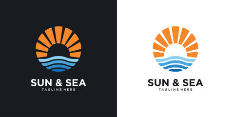 Sun and sea logo design, sunlight with sea waves