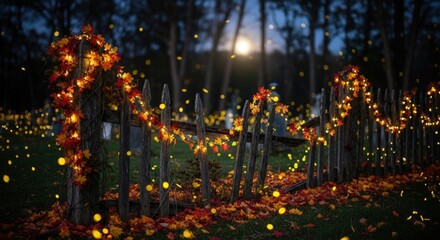 An old wooden fence is decorated with autumn leaves and glowing fairy lights at night