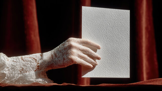 A woman's hand in a white lace glove holds a textured white A4 sheet of paper vertically against a red velvet curtain. Luxury editorial product mockup, template