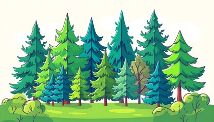 Obraz premium A vibrant digital illustration showcasing a diverse collection of evergreen conifers, featuring a variety of species with different shapes and foliage textures