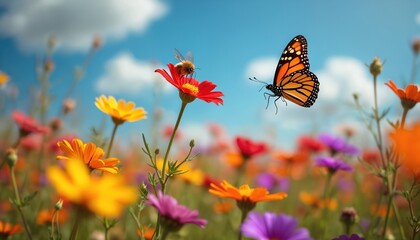 Butterfly, bee in colorful flower field. Insects fly around vibrant blossoms. Orange butterfly hovers near red flower. Bee collects nectar on yellow center. Blue sky with white clouds background.
