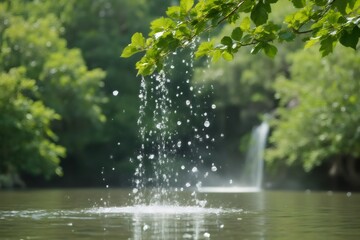 Fototapeta premium Water Droplets Falling from Tree Branch into Peaceful Lake in Nature