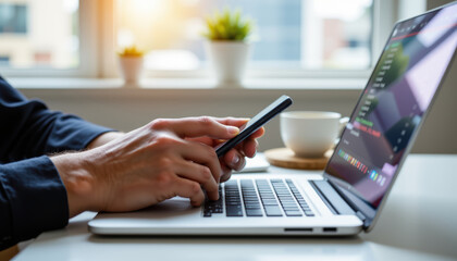 Person using smartphone laptop coding technology workspace modern sunlight relaxed mood