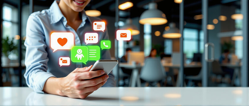 Woman using smartphone social media app in modern office, smiling, digital communication icons
