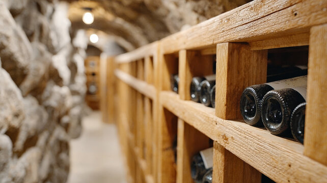 Wine cellar with bottles on wooden shelves.