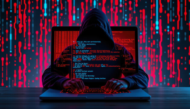Hacker cyber attack hooded figure computer code digital security threat