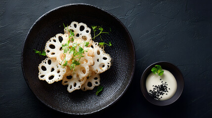 Crispy Lotus Root Chips with Black Sesame Seeds in Dark Bowl – Healthy Asian Snack, Vegan Appetizer,