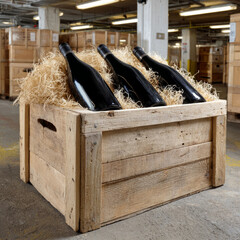 Wooden crate with wine bottles in a cellar setting.