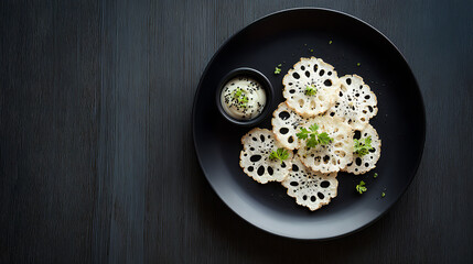 Crispy Lotus Root Chips with Creamy Dipping Sauce on Dark Plate