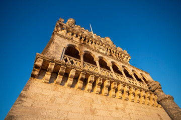 Upper terrace of the famous 16th-century Belem Tower with its Moorish bartizan turrets and cupolas in Lisbon, Portugal.