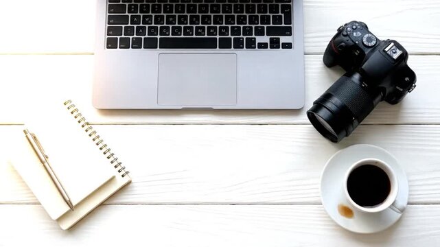 Overhead shot of a workspace, including laptop, camera, notebook, pen, and coffee