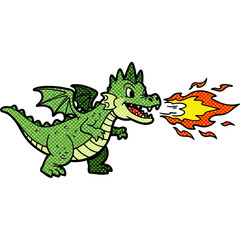 Obraz premium A green cartoon dragon with wings is breathing fire on a black background in a comic book style