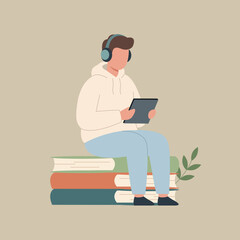 Minimalist Vector Illustration Of Student In Headphones Sitting On Books Reading Ebook. EdTech, Online Course, Distance Learning
