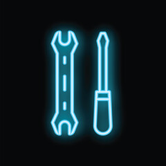 Neon sign of a wrench and a screwdriver glowing blue on a black background