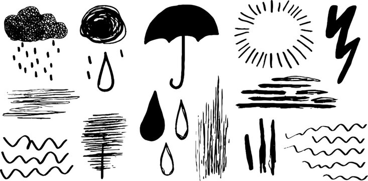 Minimalist abstract doodles of rain and weather elements for creative design