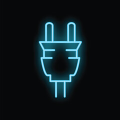 Neon blue electric plug glowing on a black background