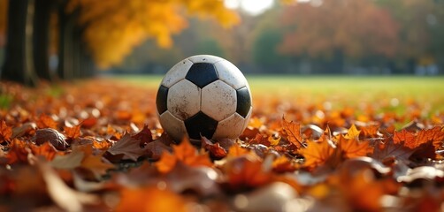 Soccer ball rests in vibrant autumn leaves on grassy field. Warm sunlight illuminates scene showcasing fall colors and sports equipment. This image represents outdoor recreation and seasonal activity.