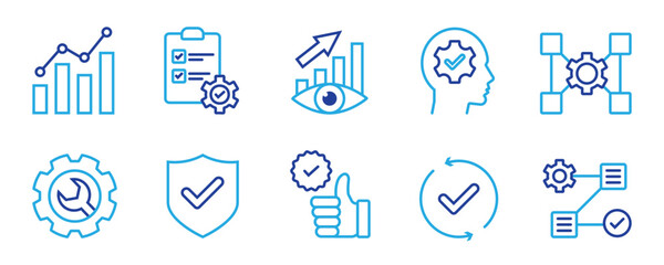 Business analytics icon collection set with data visualization,  key performance indicator, strategic planning, continuous improvement, quality control