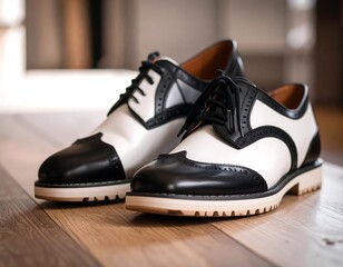 Pair of black and white brogues on wooden floor