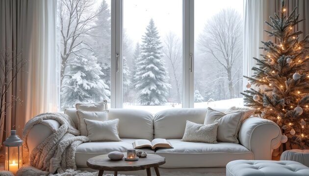 Cozy living room with white sofa, christmas tree, candles, book. Snowy trees outside window, winter landscape, warm atmosphere inside. Comfortable furniture, pillows, blanket. Calm, peaceful scene,
