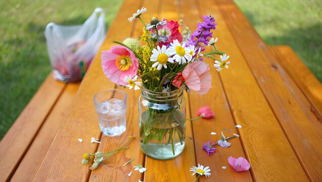 Vibrant wildflower bouquet in a mason jar on a wooden picnic table outdoors