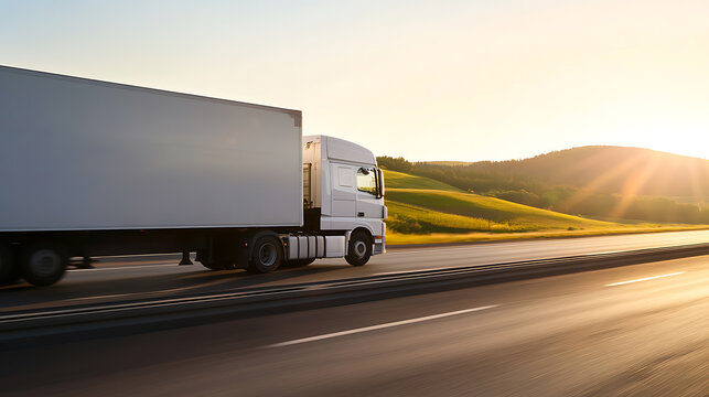 A white truck is speeding on a highway at sunset, with rolling hills in the background. The sun's rays filter through the trees, creating a warm and inviting atmosphere.