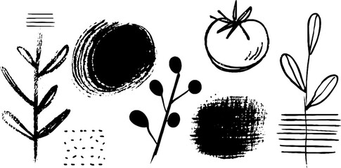 Obraz premium Minimalist abstract tomato and plant doodles with brushstrokes