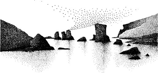 Aurora reflection in icy waters: black and white dotwork illustration for artistic design