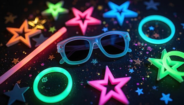 Neon party items glow in dark. Bright star shapes, sunglasses, bracelets, and sticks for festive celebrations. Fun accessories light up nighttime events.