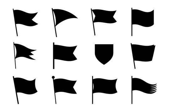 A collection of various black flag shapes and shield icons on a white background.