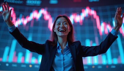 Happy businesswoman raises arms up in office. Asian woman looks at stock chart shows success on screen. Trader celebrates profit growth on stock market at workplace.