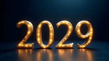 Bright and shimmering golden numbers 2029, showcasing a celebratory vibe against a dark blurred background.