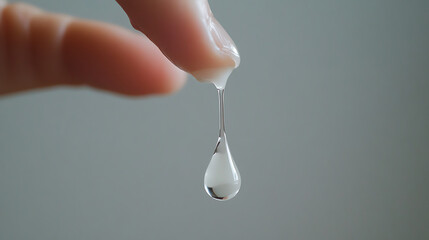 A clear liquid adheres to a finger.