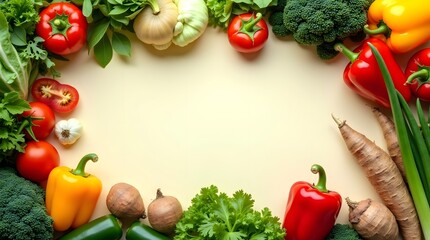 A colorful array of fresh vegetables including broccoli, bell peppers, and herbs, arranged for a beautiful presentation.