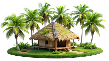 A 3D small hut with a thatched coconut roof, surrounded by lush green moss and miniature palm trees a white background and Transparent Background