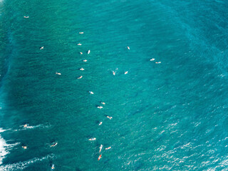 Surfers on turquoise ocean waves viewed from above, scattered across the water. Pantai Mboizz, Selong Belanak, Praya Barat, Central Lombok Regency, West Nusa Tenggara, Indonesia