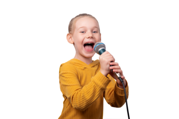 Smiling young girl in yellow sweater singing into a microphone on transparent background. Energetic, joyful, and expressive image suitable for music, education, and lifestyle themes.
