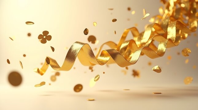 A vibrant display of swirling golden ribbons and confetti, capturing joy and celebration in a festive atmosphere.