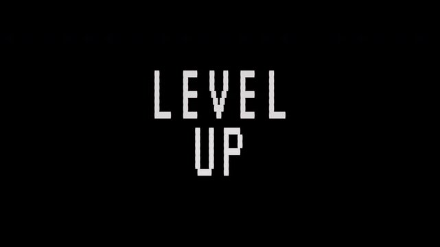 Pixelated retro LEVEL UP' text animation on black screen background. 4K video text animation for vintage arcade game