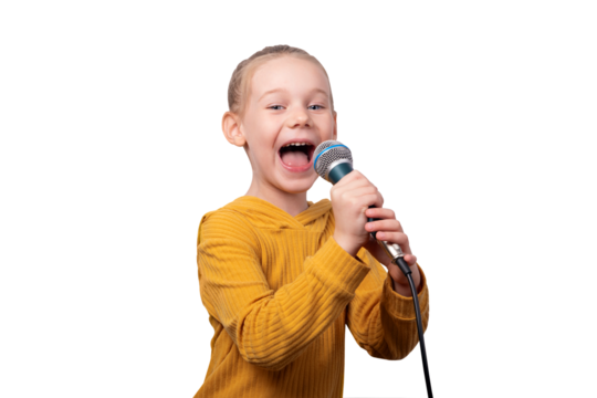 Smiling young girl in yellow sweater singing into a microphone on transparent background. Energetic, joyful, and expressive image suitable for music, education, and lifestyle themes.