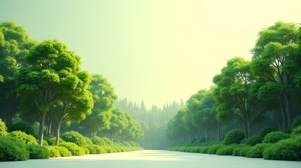 Lush green trees lining a tranquil path, creating a serene atmosphere under soft sunlight.