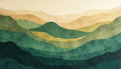 Abstract artwork presents layered textures with shades of green beige. Artistic illustration design evokes nature landscape serene vibes. Modern art concept suitable decor or background.